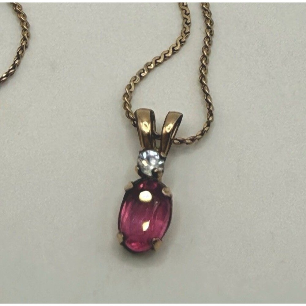 Vintage 1/20 14K Yellow Gold Filled GF Oval Ruby Colored Stone 18" Chain July